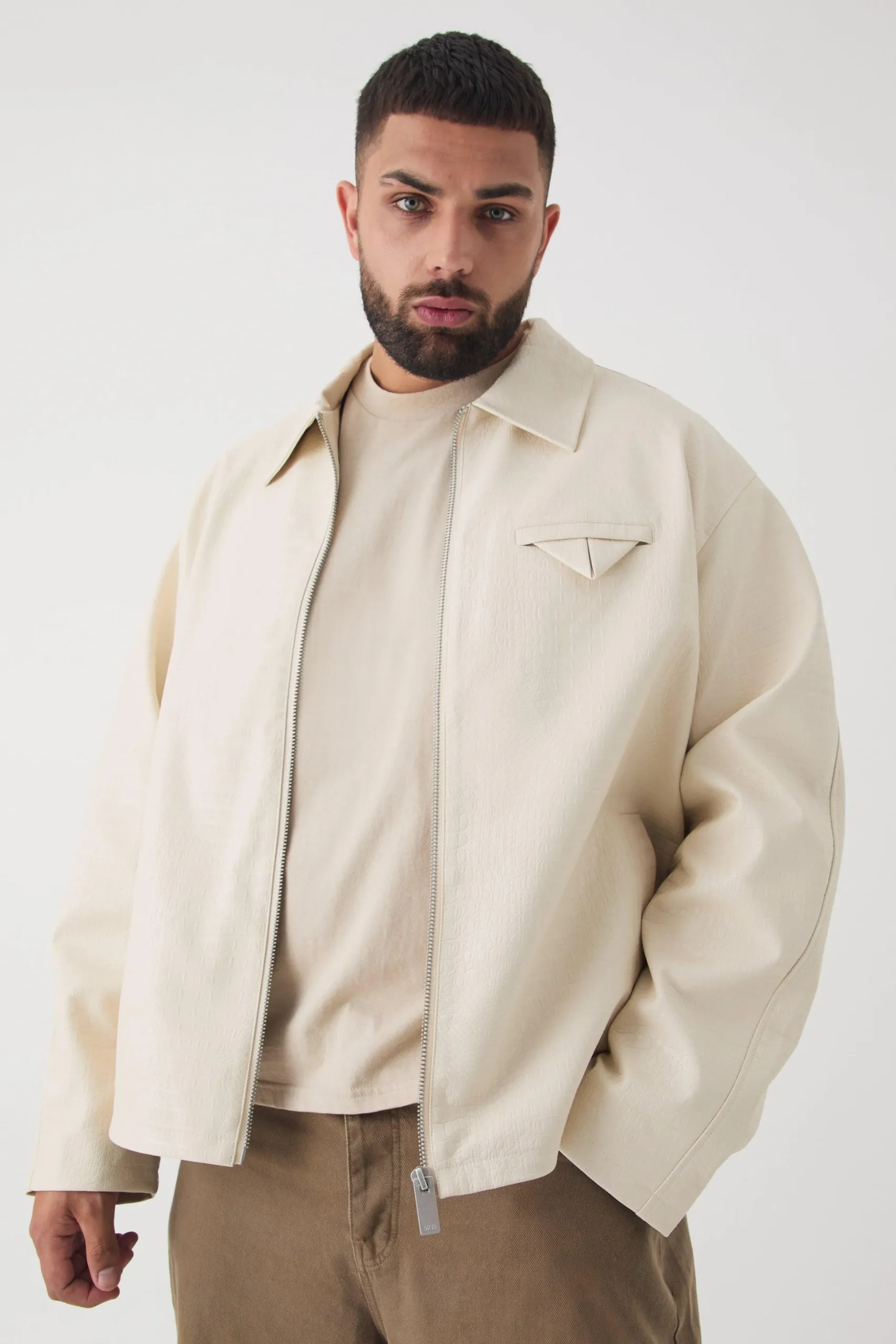 Plus Boxy Textured PU Harrington Jacket In Ecru | BoohooMAN UK