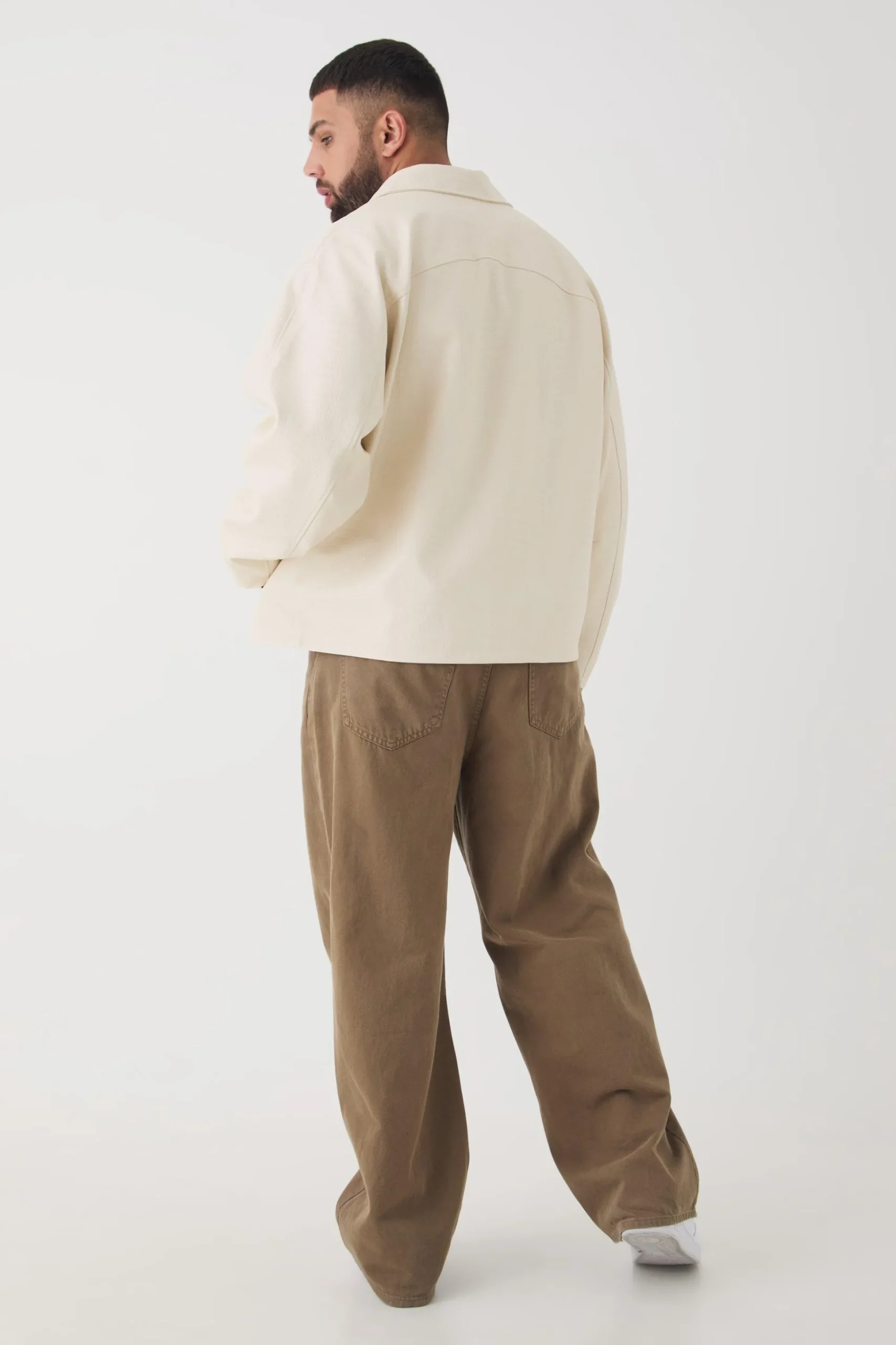 Plus Boxy Textured PU Harrington Jacket In Ecru | BoohooMAN UK