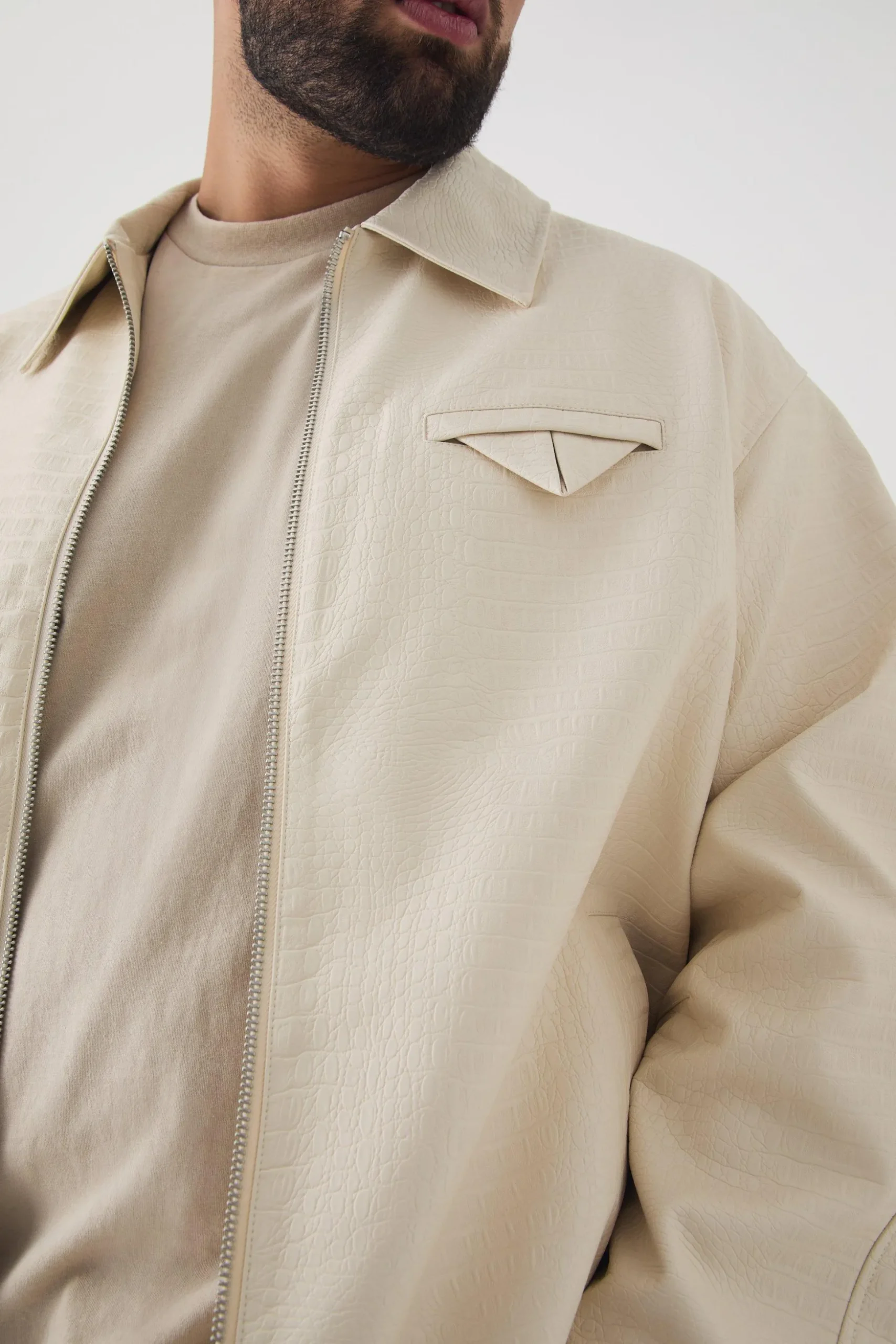 Plus Boxy Textured PU Harrington Jacket In Ecru | BoohooMAN UK