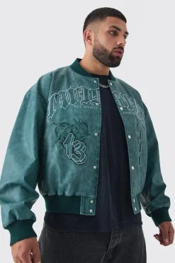 Plus Boxy Tonal Badge Tumbled PU Varsity Jacket In Blue | BoohooMAN UK