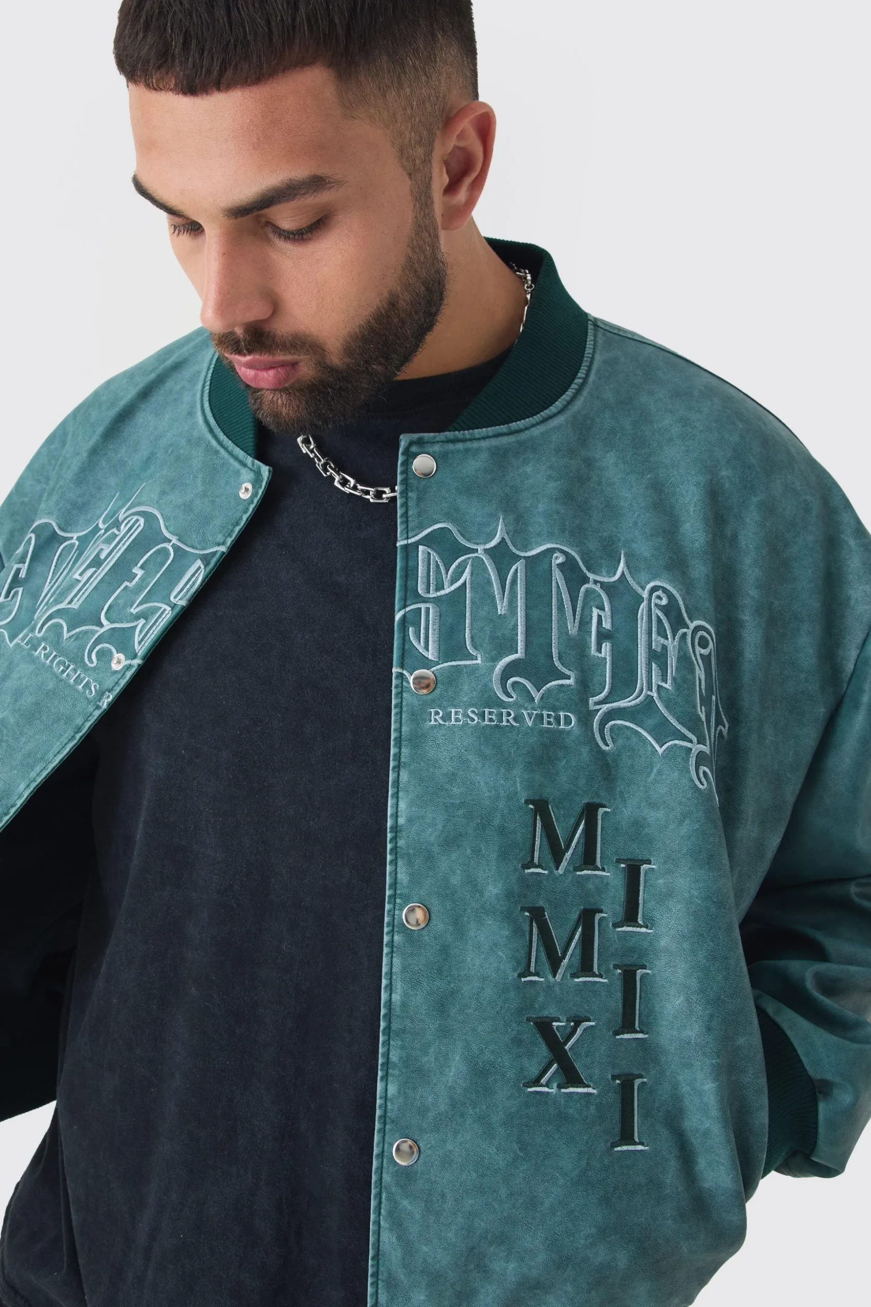 Plus Boxy Tonal Badge Tumbled PU Varsity Jacket In Blue | BoohooMAN UK
