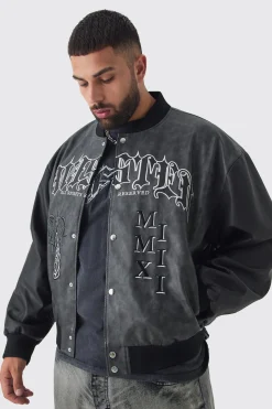 Plus Boxy Tonal Badge Tumbled PU Varsity Jacket In Black | BoohooMAN UK