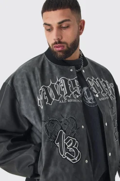 Plus Boxy Tonal Badge Tumbled PU Varsity Jacket In Black | BoohooMAN UK
