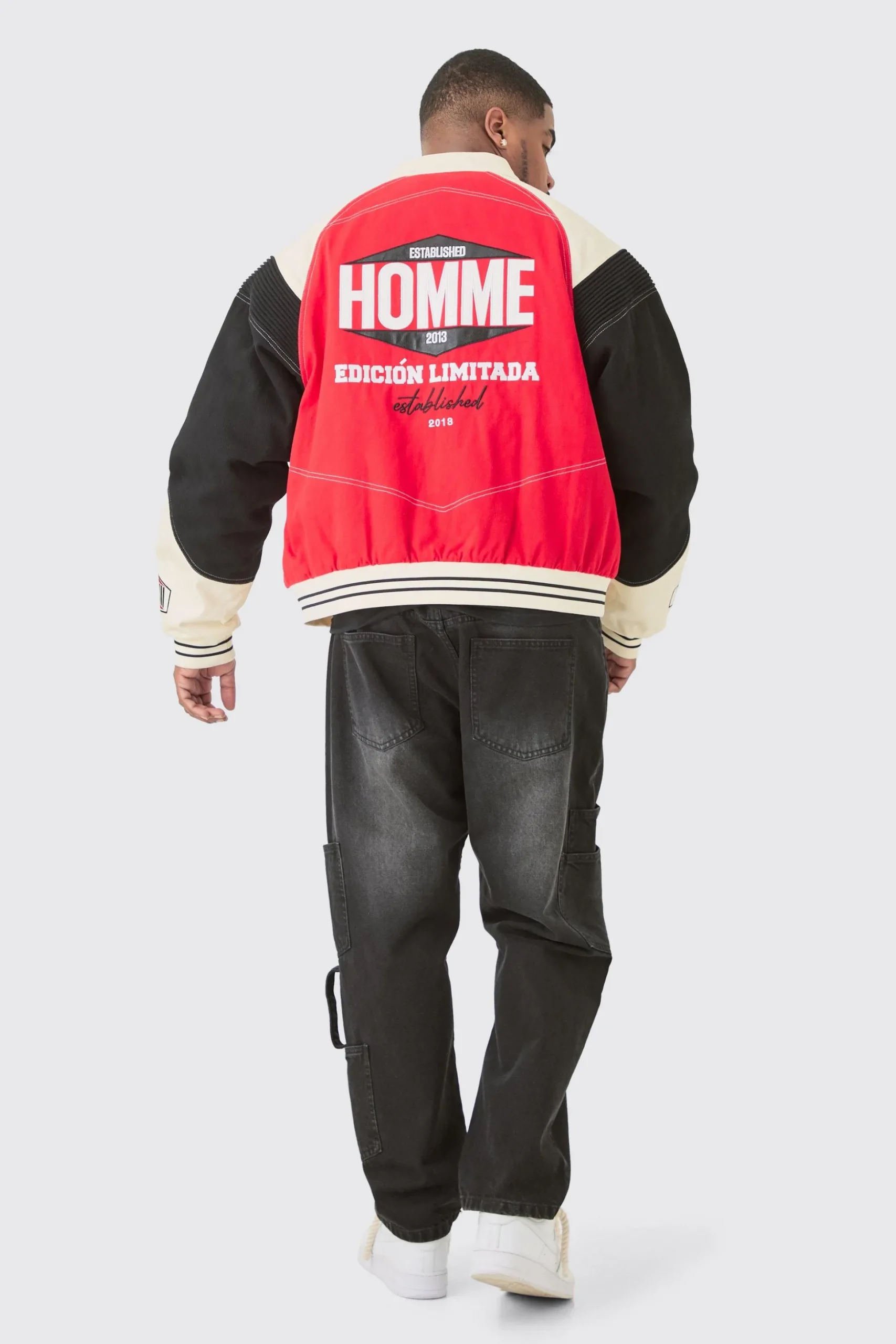 Plus Boxy Twill Biker Panel Moto Jacket | BoohooMAN UK