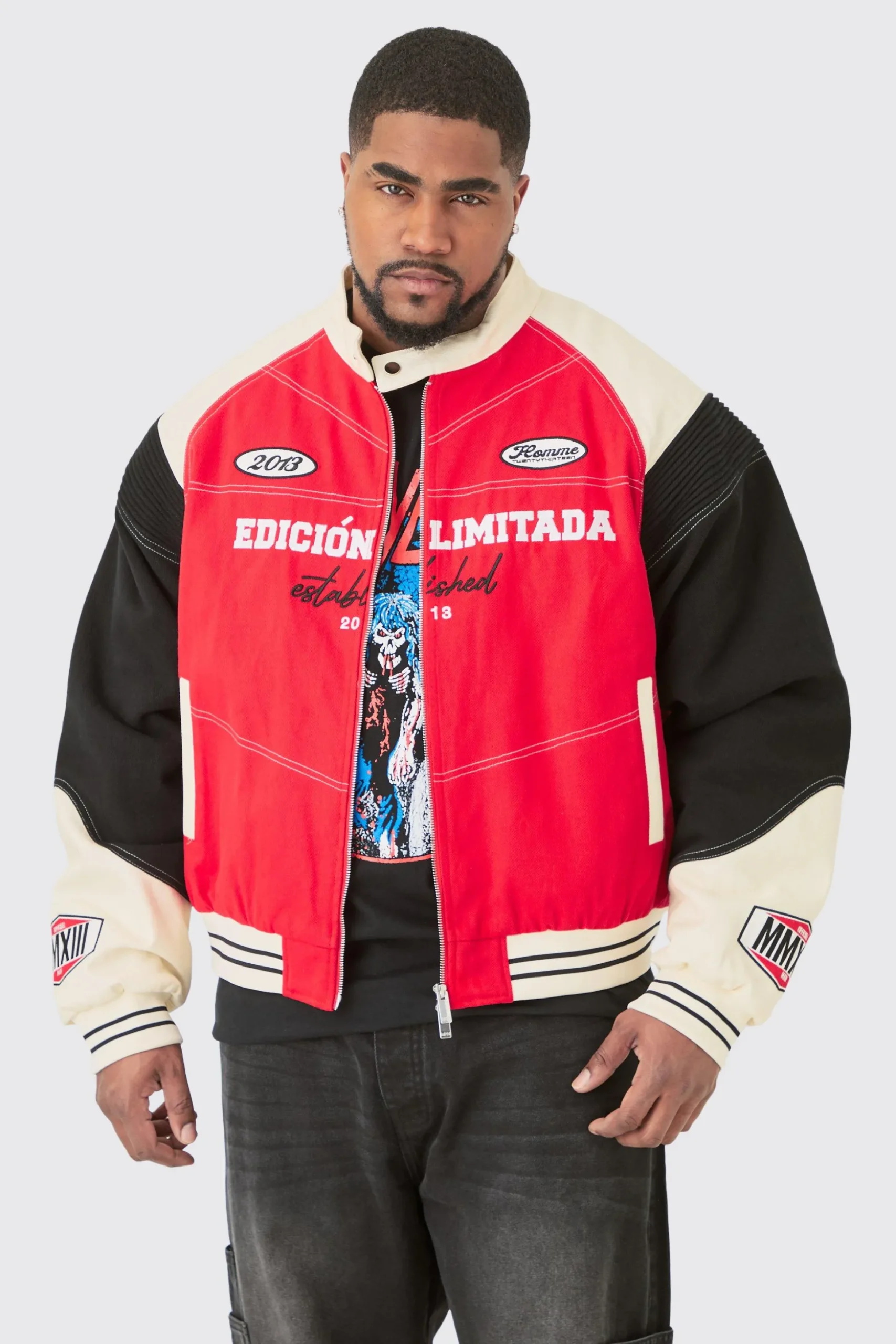 Plus Boxy Twill Biker Panel Moto Jacket | BoohooMAN UK