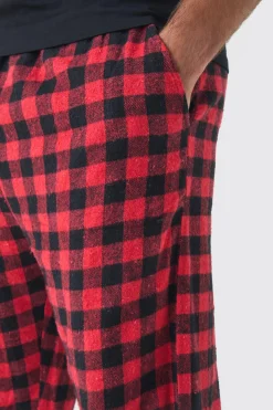 Plus Brushed Check Loungewear Bottoms In Red | BoohooMAN UK