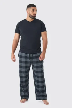 Plus Brushed Check Loungewear Bottom And T-shirt Set In Grey | BoohooMAN UK