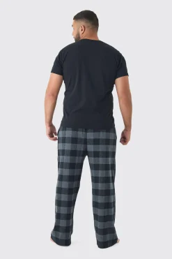 Plus Brushed Check Loungewear Bottom And T-shirt Set In Grey | BoohooMAN UK