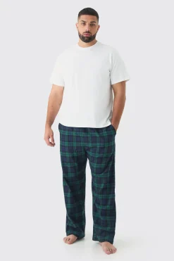 Plus Brushed Check Loungewear Bottom And T-shirt Set In Green | BoohooMAN UK
