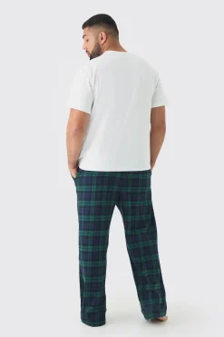 Plus Brushed Check Loungewear Bottom And T-shirt Set In Green | BoohooMAN UK
