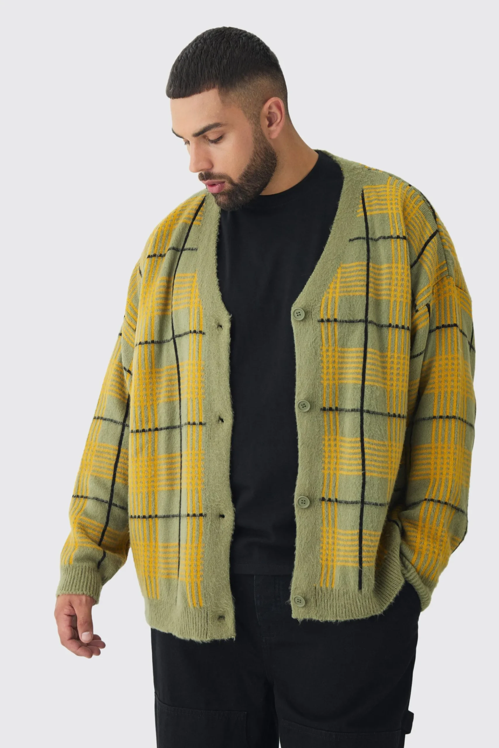 Plus Brushed Knit Check Drop Shoulder Cardigan | BoohooMAN UK