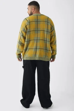 Plus Brushed Knit Check Drop Shoulder Cardigan | BoohooMAN UK