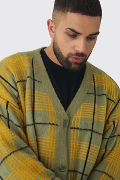 Plus Brushed Knit Check Drop Shoulder Cardigan | BoohooMAN UK