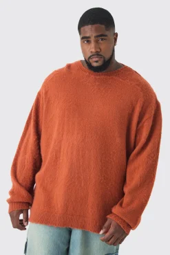Plus Brushed Knit Crew Neck Oversized Jumper | BoohooMAN UK