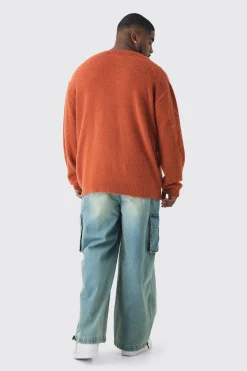 Plus Brushed Knit Crew Neck Oversized Jumper | BoohooMAN UK