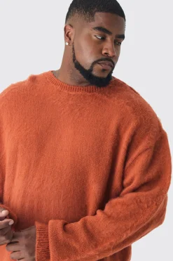 Plus Brushed Knit Crew Neck Oversized Jumper | BoohooMAN UK