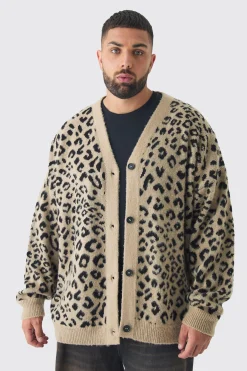 Plus Brushed Knit Leopard Print Oversized Cardigan | BoohooMAN UK
