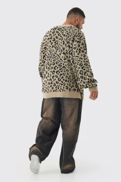 Plus Brushed Knit Leopard Print Oversized Cardigan | BoohooMAN UK