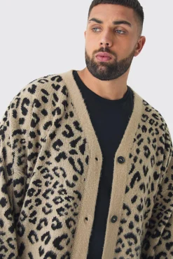 Plus Brushed Knit Leopard Print Oversized Cardigan | BoohooMAN UK