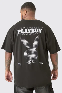 Plus Check Print Playboy T-shirt In Black | BoohooMAN UK