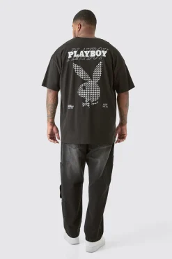 Plus Check Print Playboy T-shirt In Black | BoohooMAN UK