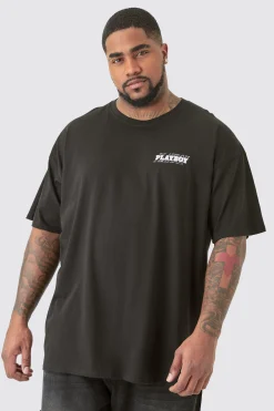 Plus Check Print Playboy T-shirt In Black | BoohooMAN UK