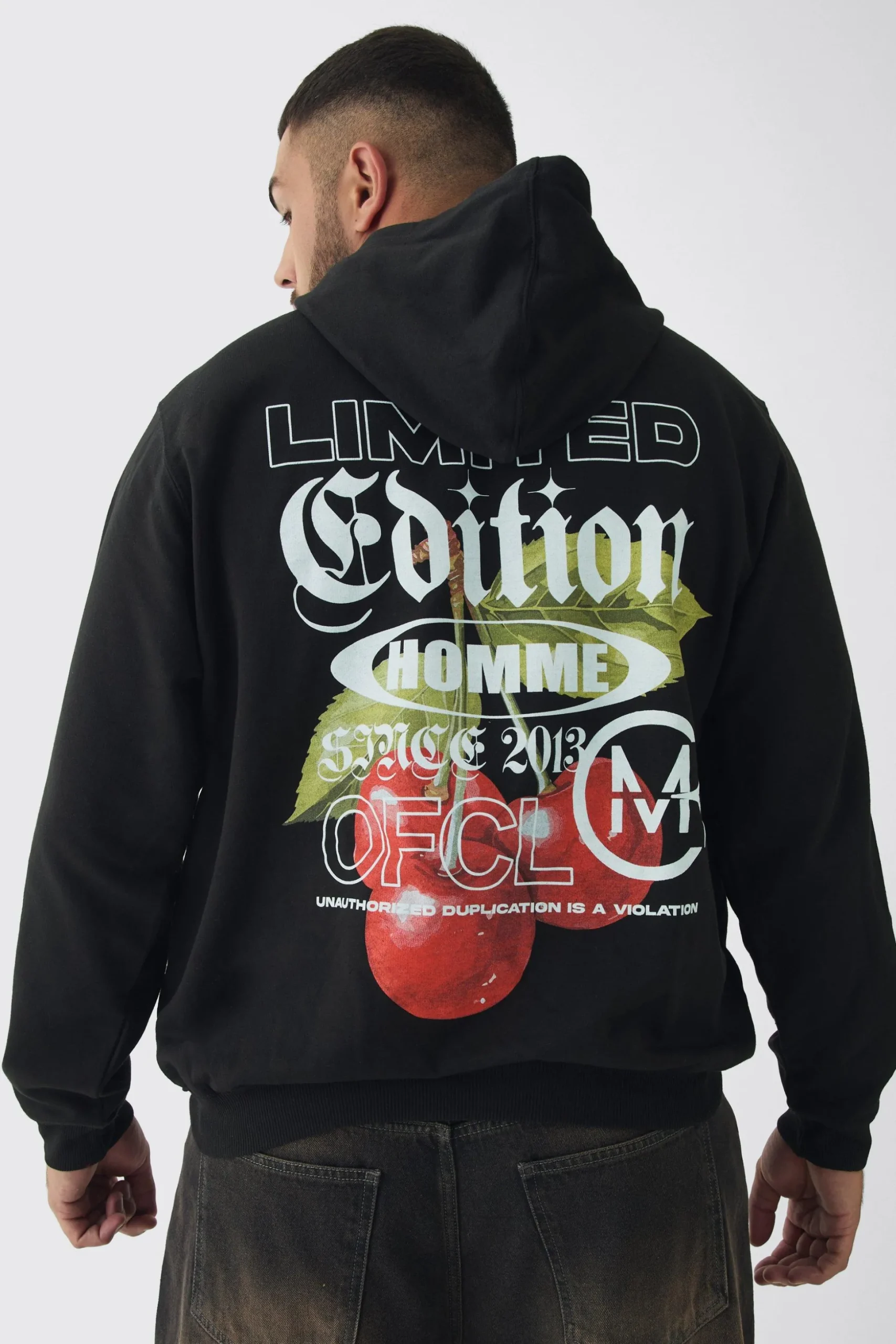 Plus Cherry Graphic Back Print Oversized Hoodie | BoohooMAN UK