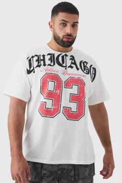 Plus Chicago Varsity T-shirt In White | BoohooMAN UK