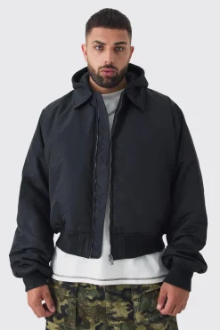 Plus Collared Boxy Bomber Jacket With Jersey Hood In Black | BoohooMAN UK