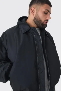 Plus Collared Boxy Bomber Jacket With Jersey Hood In Black | BoohooMAN UK