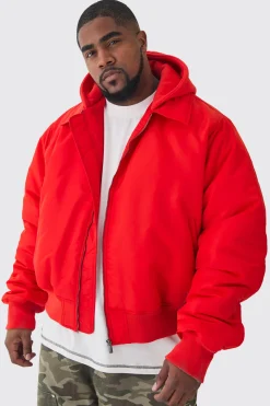 Plus Collared Boxy Bomber Jacket With Jersey Hood In Red | BoohooMAN UK