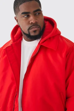 Plus Collared Boxy Bomber Jacket With Jersey Hood In Red | BoohooMAN UK
