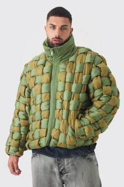 Plus Contrast Hand Weft Padded Puffer Jacket In Khaki | BoohooMAN UK
