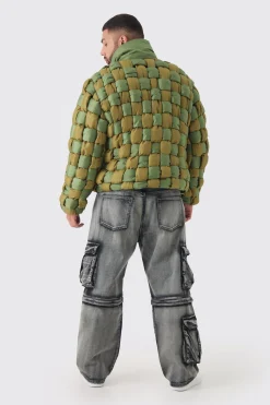 Plus Contrast Hand Weft Padded Puffer Jacket In Khaki | BoohooMAN UK