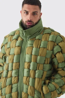 Plus Contrast Hand Weft Padded Puffer Jacket In Khaki | BoohooMAN UK