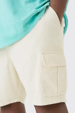 Plus Cord Cargo Shorts In Stone | BoohooMAN UK