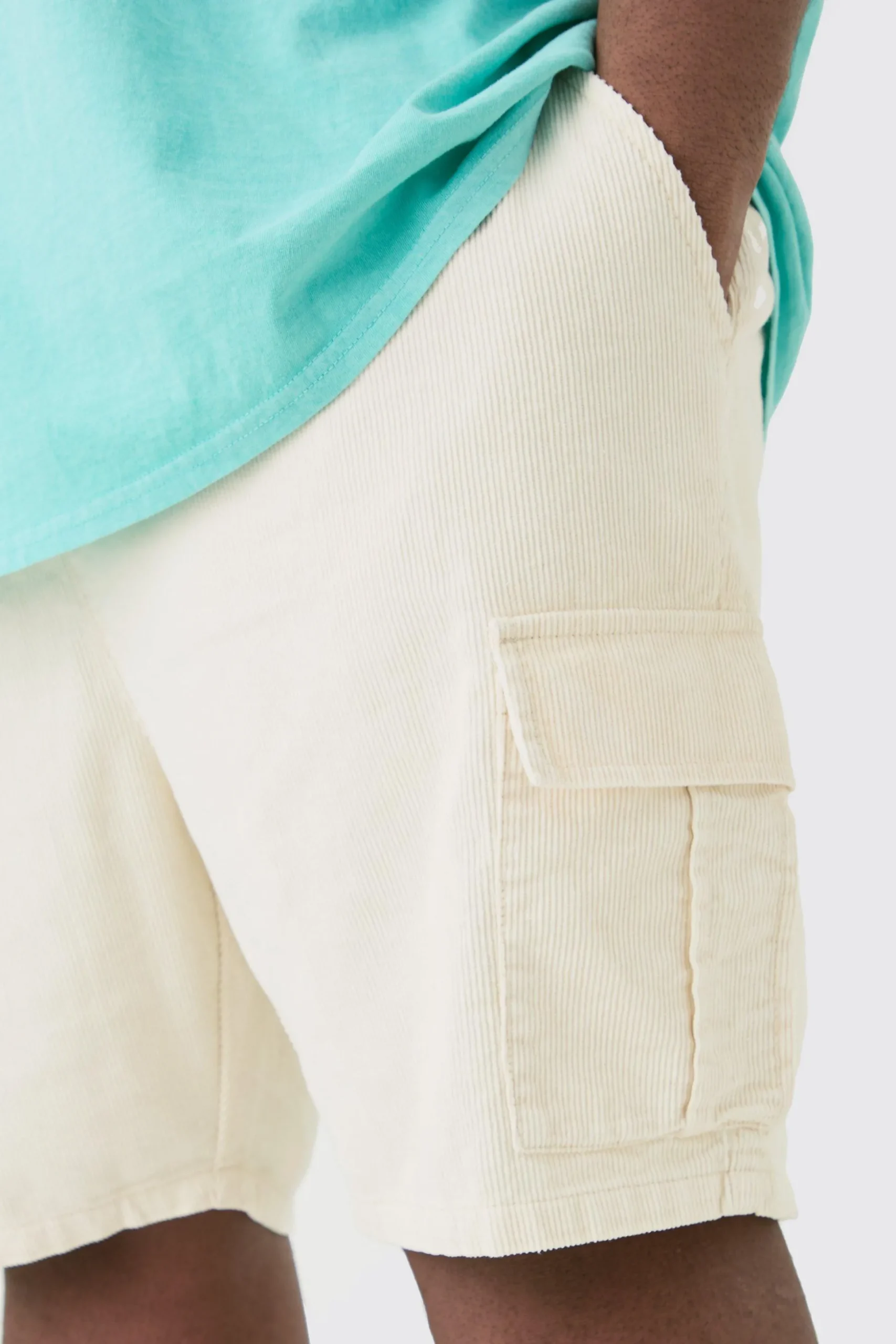 Plus Cord Cargo Shorts In Stone | BoohooMAN UK
