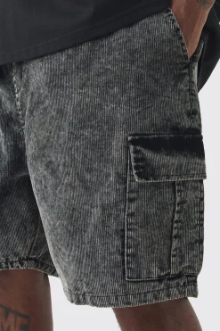 Plus Cord Washed Cargo Shorts In Black | BoohooMAN UK