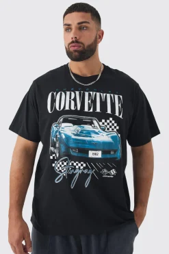 Plus Corvette Printed Licensed T-shirt In Black | BoohooMAN UK