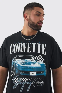 Plus Corvette Printed Licensed T-shirt In Black | BoohooMAN UK