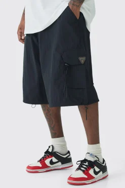 Plus Crinkle Nylon Man Cargo Parachute Shorts In Black | BoohooMAN UK