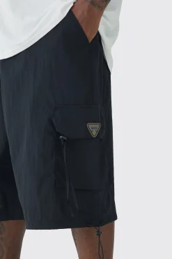 Plus Crinkle Nylon Man Cargo Parachute Shorts In Black | BoohooMAN UK