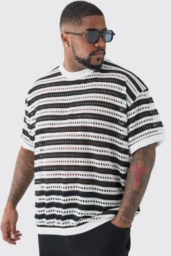 Plus Crochet Striped Oversized T-Shirt | BoohooMAN UK