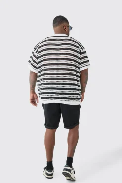 Plus Crochet Striped Oversized T-Shirt | BoohooMAN UK