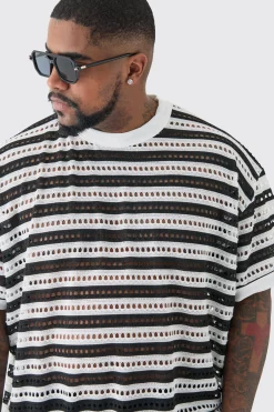 Plus Crochet Striped Oversized T-Shirt | BoohooMAN UK