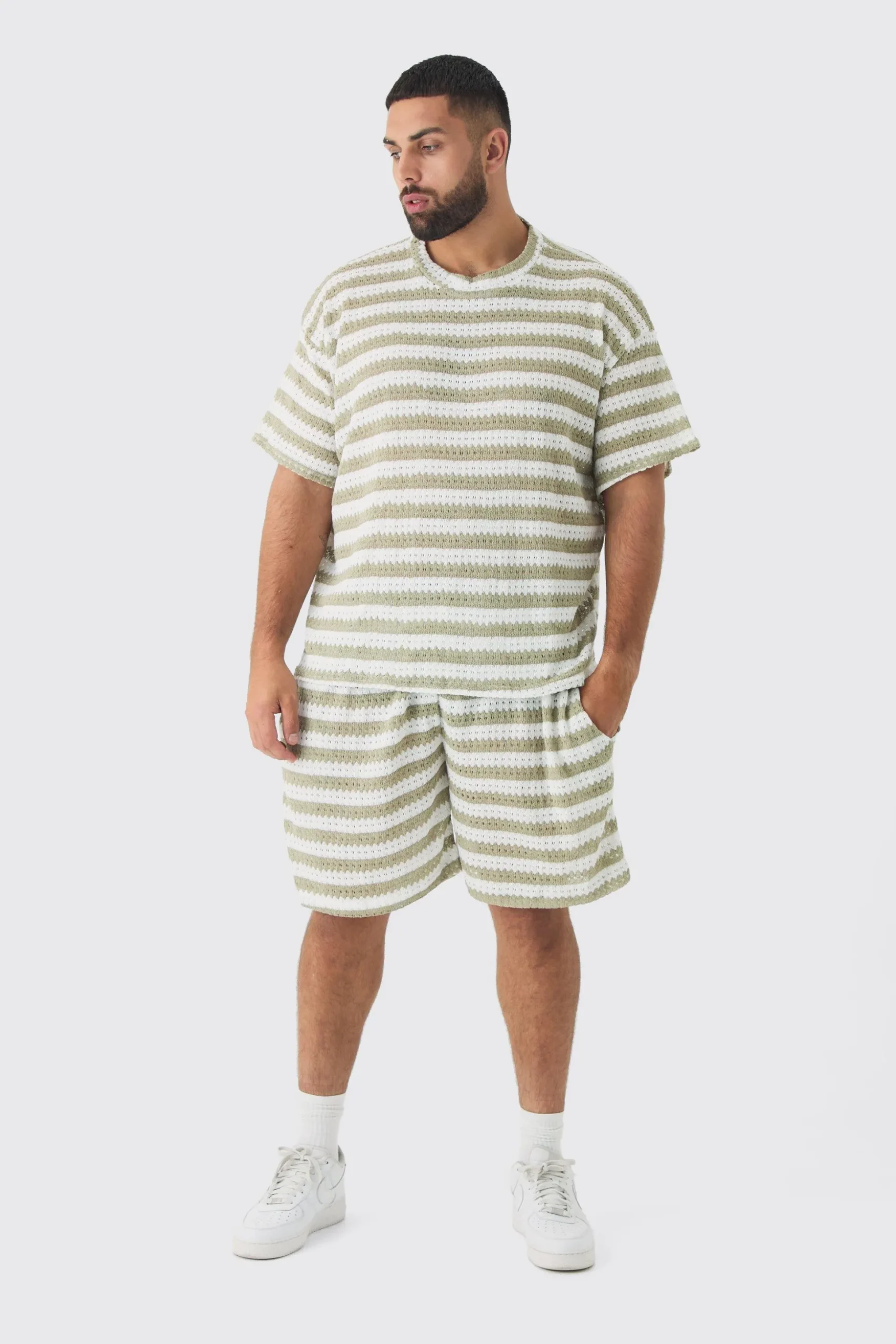 Plus Crochet Striped T-shirt And Short Set | BoohooMAN UK