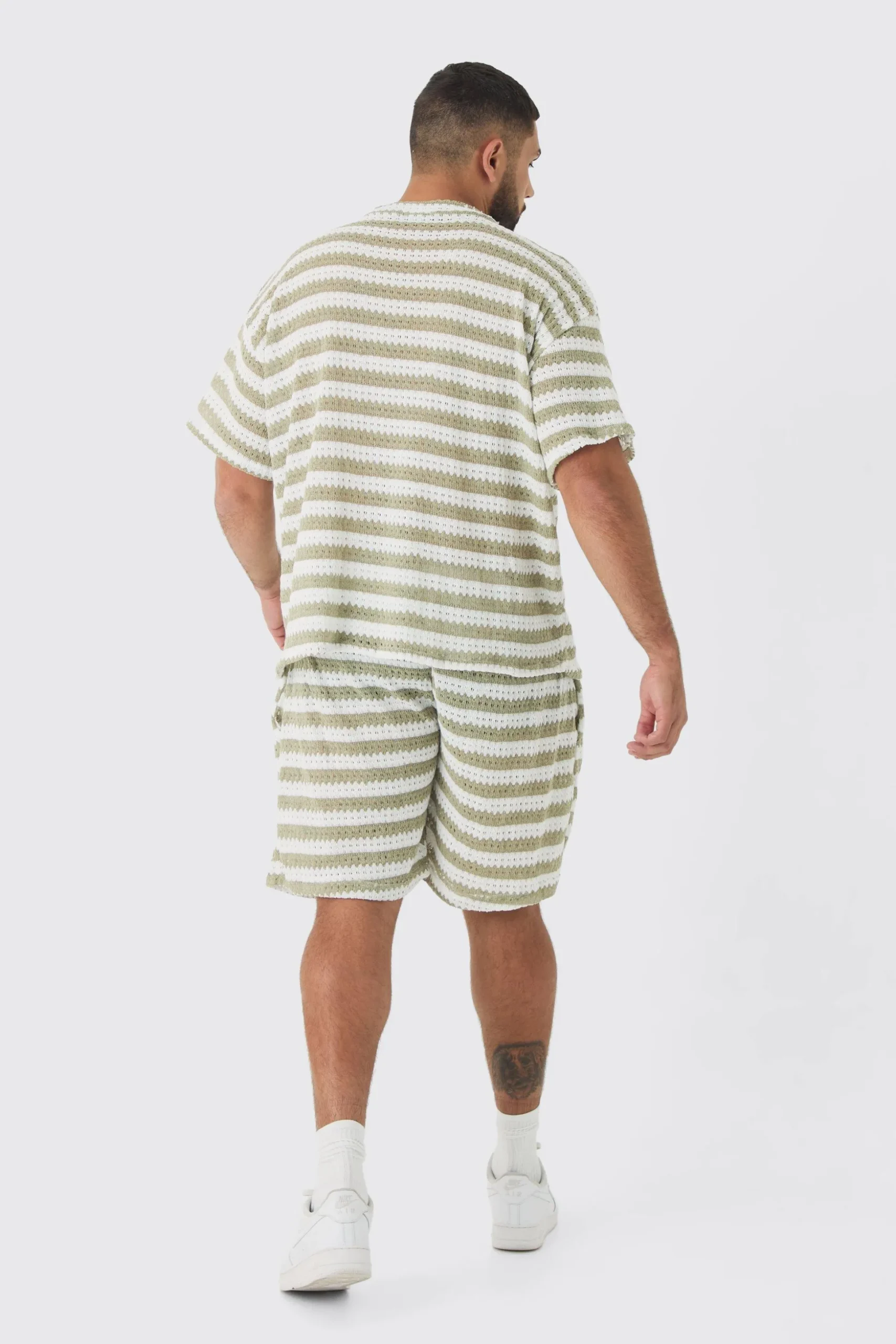 Plus Crochet Striped T-shirt And Short Set | BoohooMAN UK