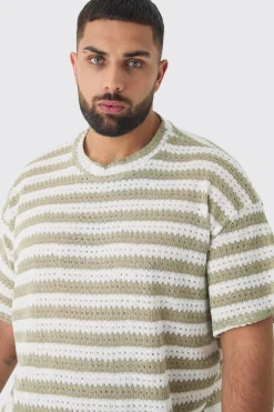 Plus Crochet Striped T-shirt And Short Set | BoohooMAN UK