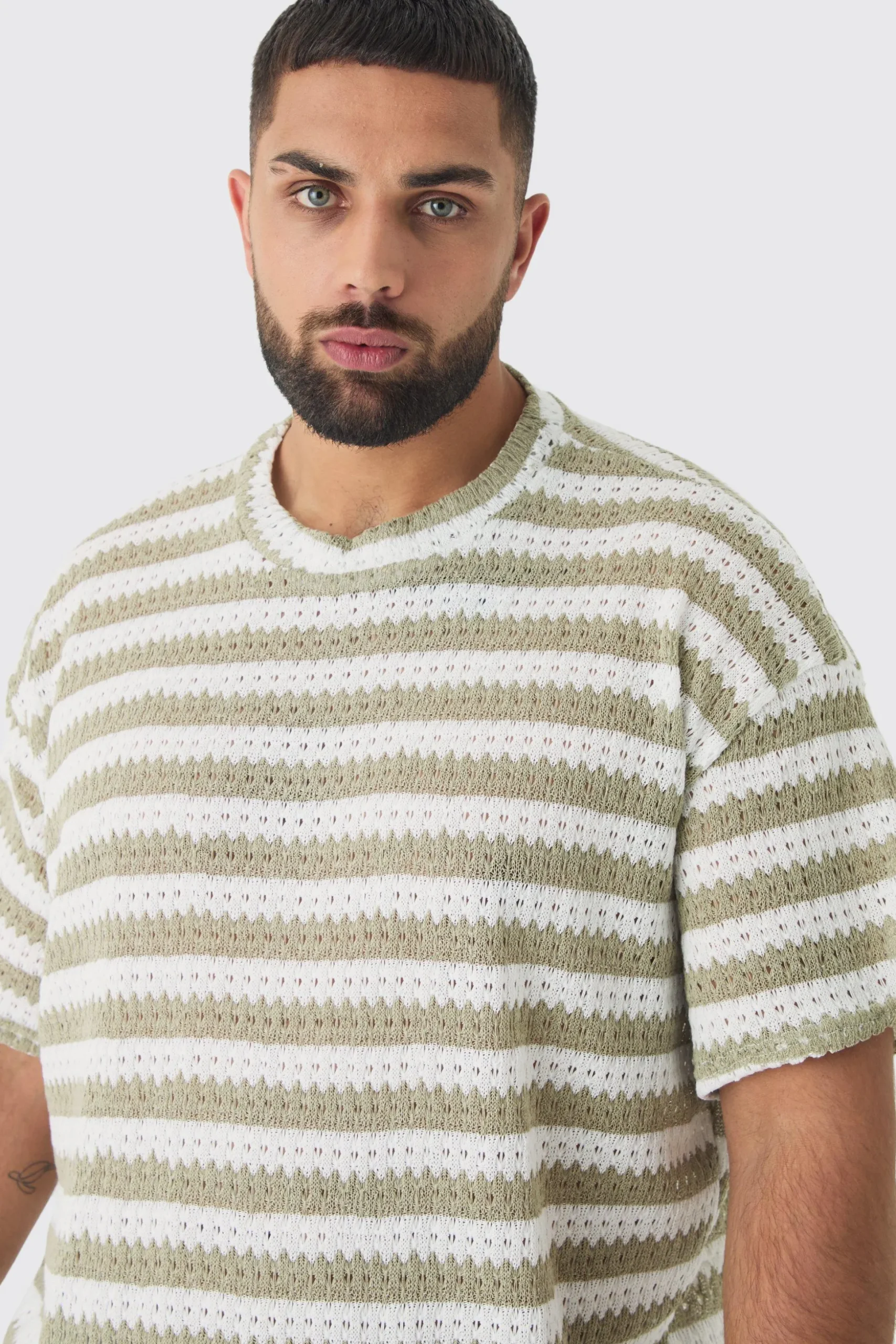Plus Crochet Striped T-shirt And Short Set | BoohooMAN UK