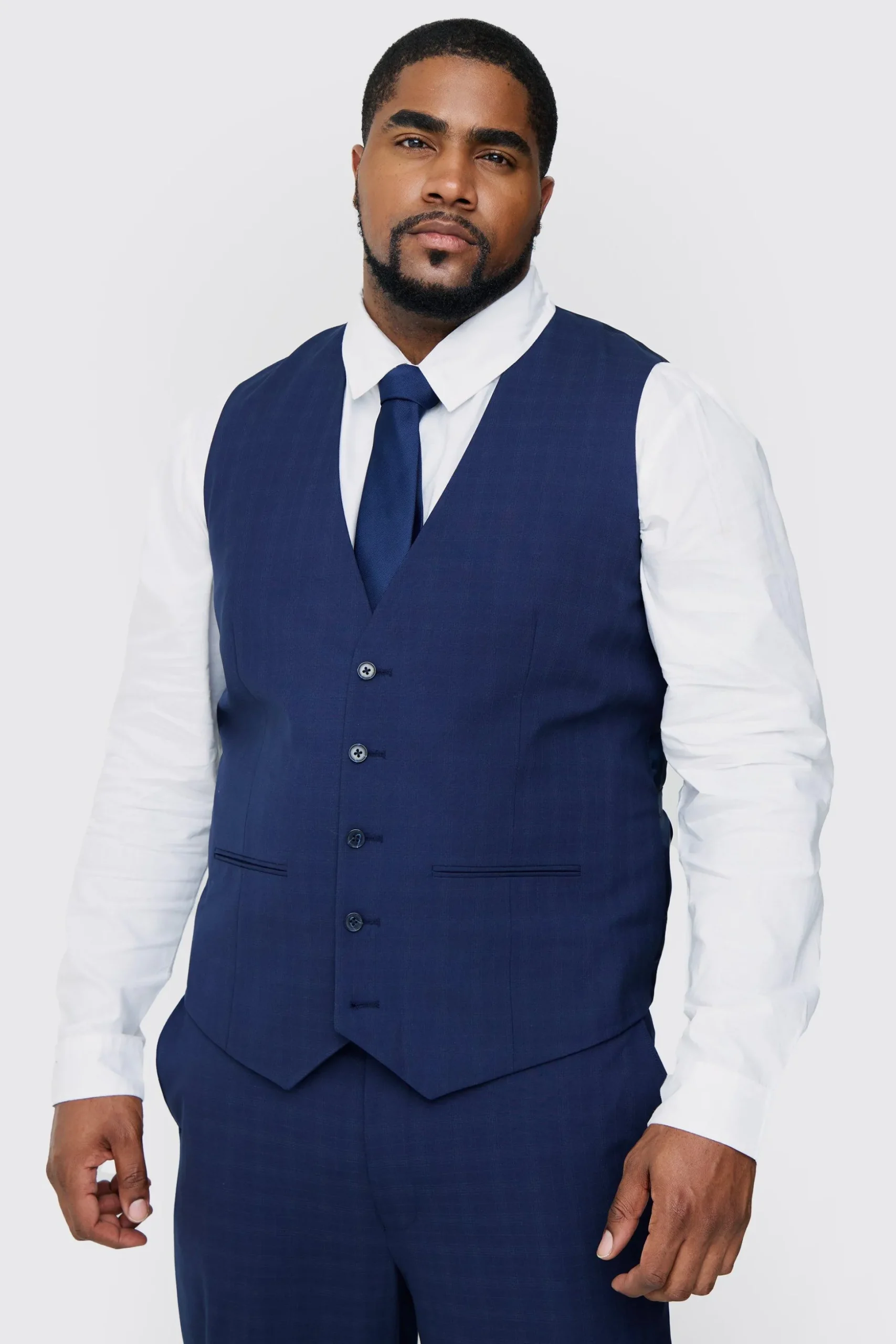 Plus Dark Blue Check Waistcoat | BoohooMAN UK